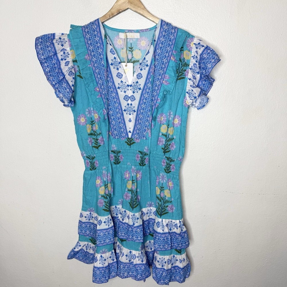 New Bindu Sky Turquoise Dress Floral Ruffle Cottagecore Cotton Womens Small
